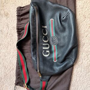 Gucci Black Leather Belt Bag with Red and Green Accents